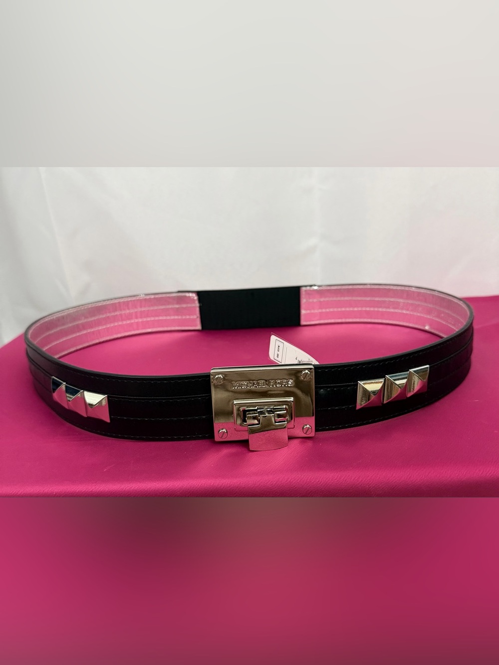 Michael Kors Black Chunky Wide Synthetic Leather Belt w/Silver Logo Plate Large - Picture 3 of 6
